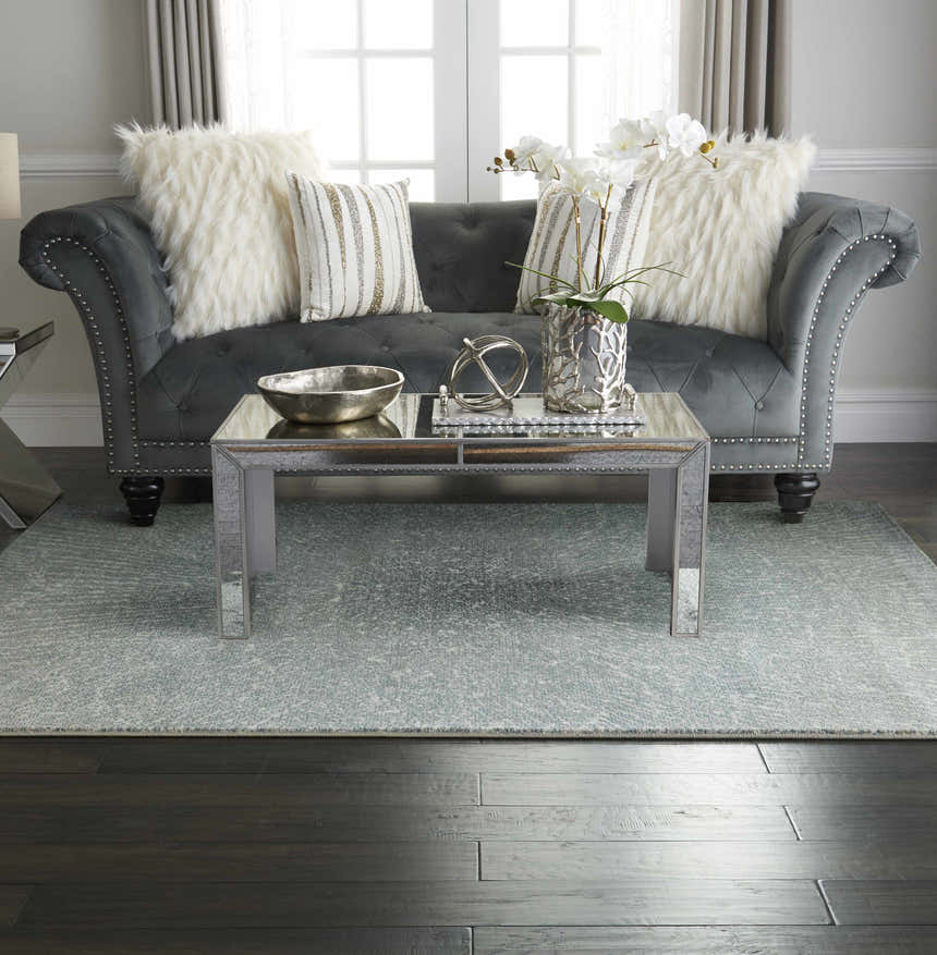 Living room scene with a grey sofa and Inspire Me! Home Décor Elegance Grey rug. Modern decor.