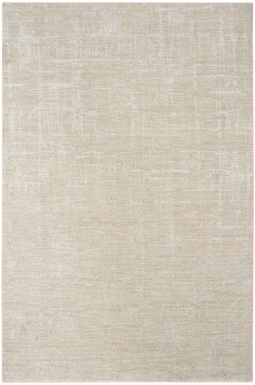 Close-up of the Calvin Klein CK090 Latitude ivory beige rug, featuring a subtle grid pattern and soft, neutral tones.