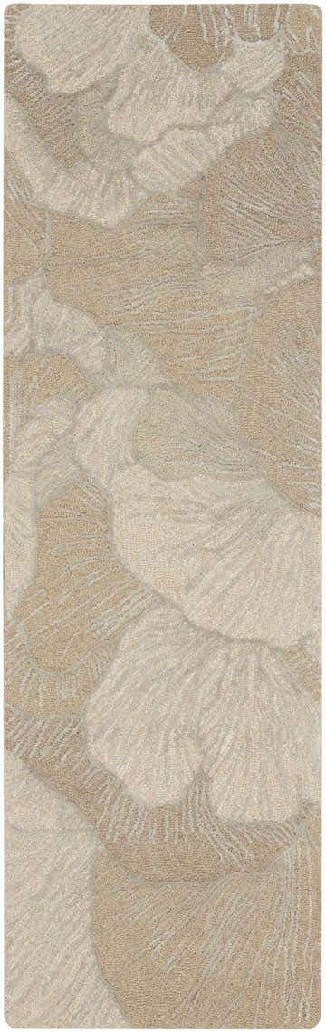 Close-up of the Nourison Avra Taupe rug. Abstract floral design in ivory and tan. Handmade wool rug texture.
