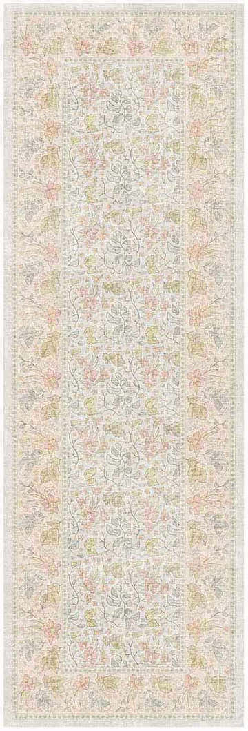 Close-up of Nourison Botanical Beige Multicolor rug. Farmhouse style with floral pattern in pink, green, and beige.