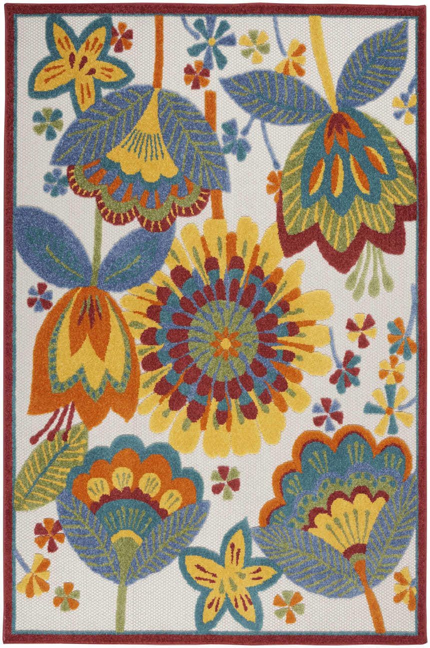 Close-up of the Nourison Aloha Multicolor Contemporary Area Rug, featuring a floral pattern in blue, yellow, and red.
