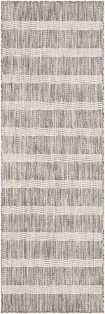Close-up of the Nourison Positano Grey Ivory rug, featuring a modern striped pattern and woven texture.