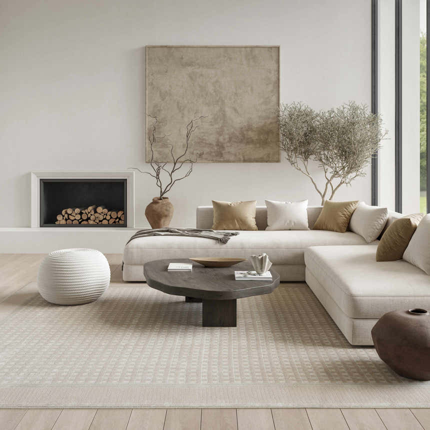 Modern living room with a beige sectional sofa and Nourison Nordic Beige Area Rug.
