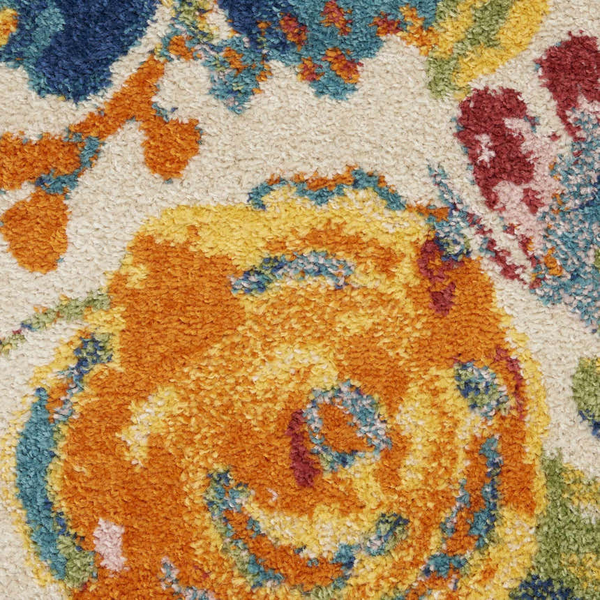 Close-up of the Nourison Allur Ivory Multicolor rug, showing floral pattern, chestnut, blue, and green colors.