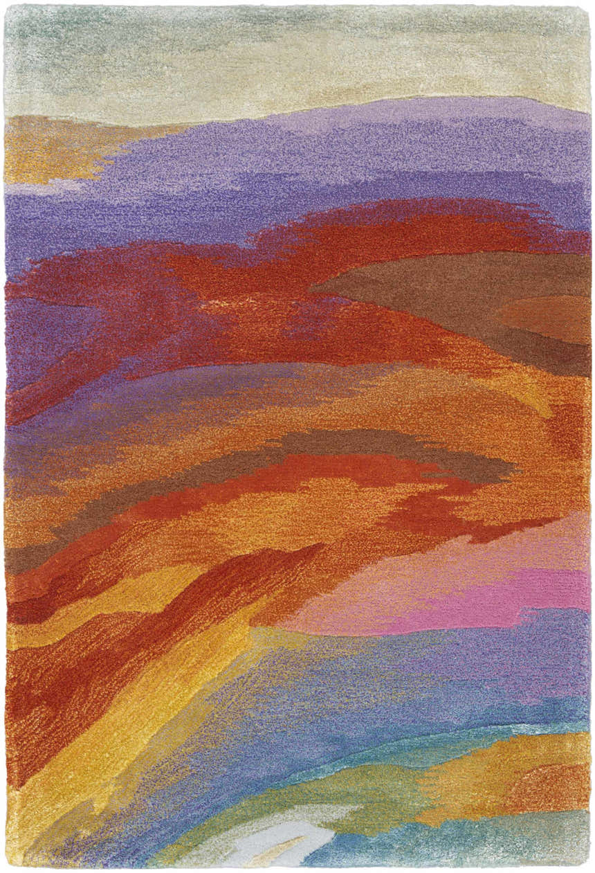 Close-up of the Nourison Prismatic Multicolor Rug. Abstract design with blended hues of red, orange, purple, and blue.