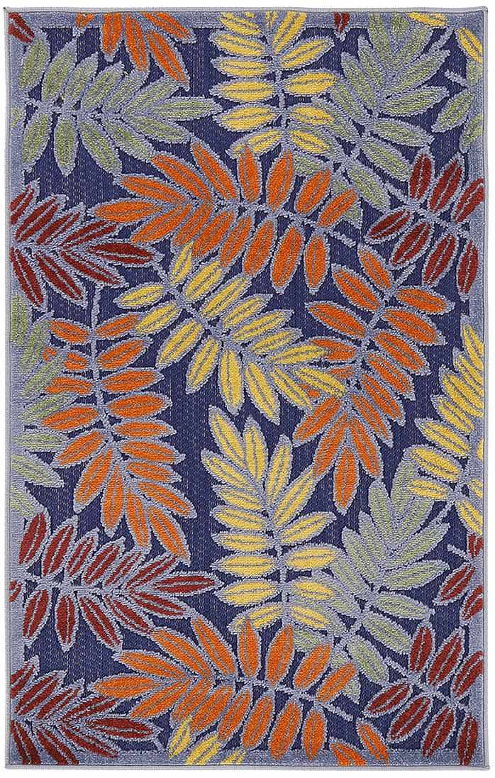 Close-up of the Nourison Aloha Navy Multicolor Outdoor Area Rug with a colorful leaf pattern.