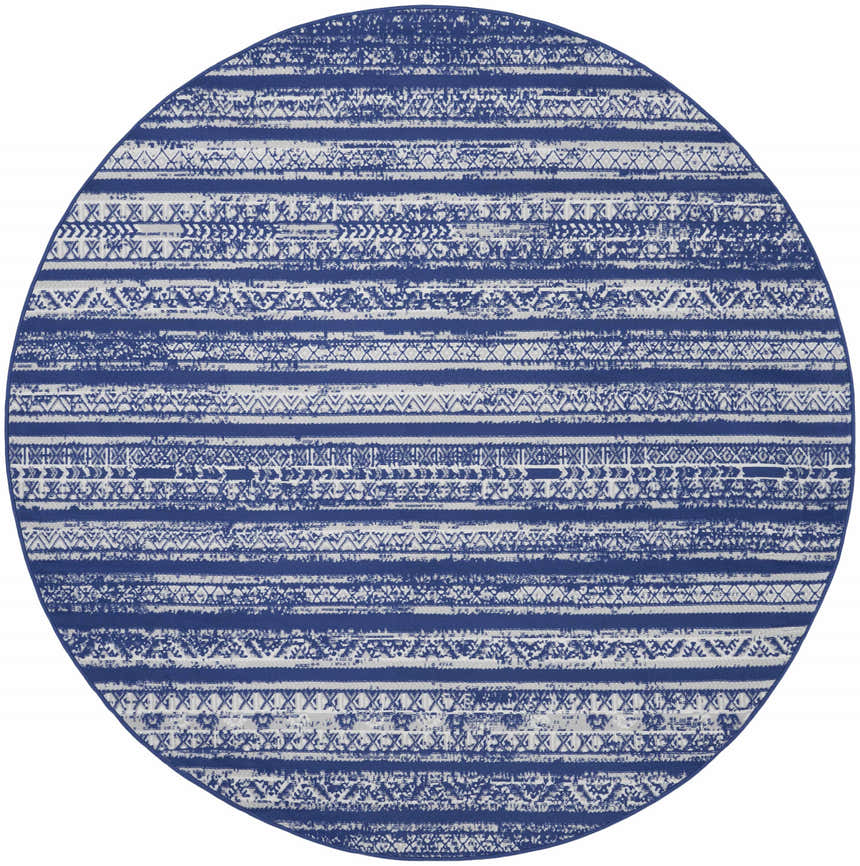 Round Nourison Whimsicle Navy Ivory rug with a bohemian-inspired, horizontal striped pattern. Clearance.