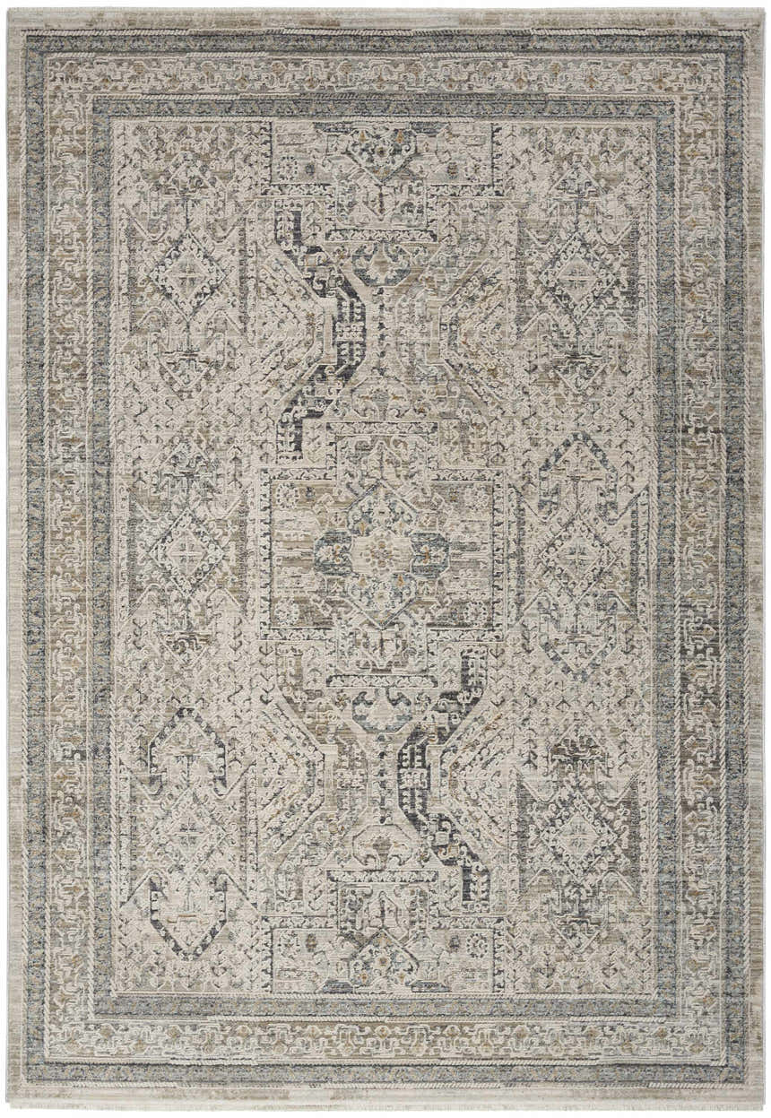 Close-up of Nourison Lynx Ivory Grey Blue Vintage Indoor Area Rug, showing its intricate, traditional-inspired pattern and soft texture.