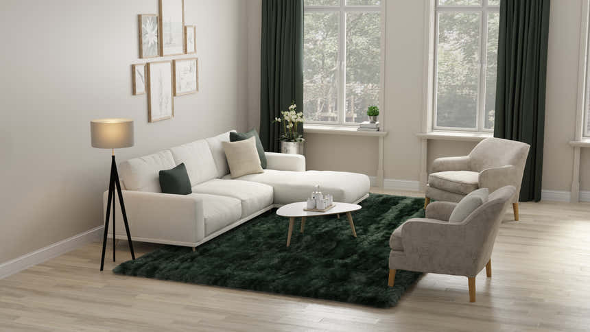 Living room with white sofa and Feizy Indochine Modern Solid Green area rug. Neutral tones, bright and airy. Roomscene-Rectangle