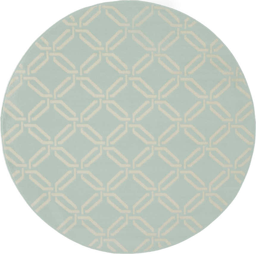 Round Nourison Jubilant Green rug with a geometric trellis pattern in cream. Coastal style.