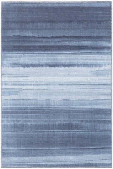 Close-up of the Calvin Klein Launder Aqua rug, featuring a modern watercolor stripe pattern in shades of blue.