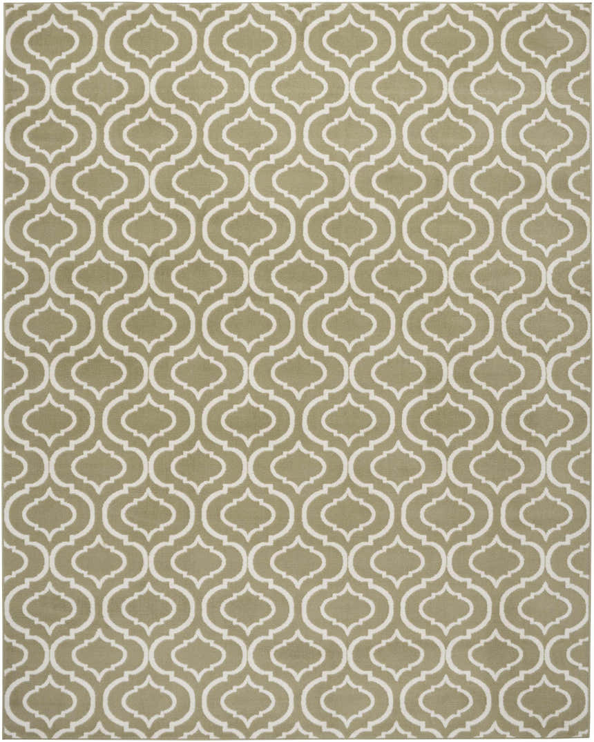 Close-up of the Nourison Jubilant Olive rug featuring a contemporary white quatrefoil pattern on an olive green background.