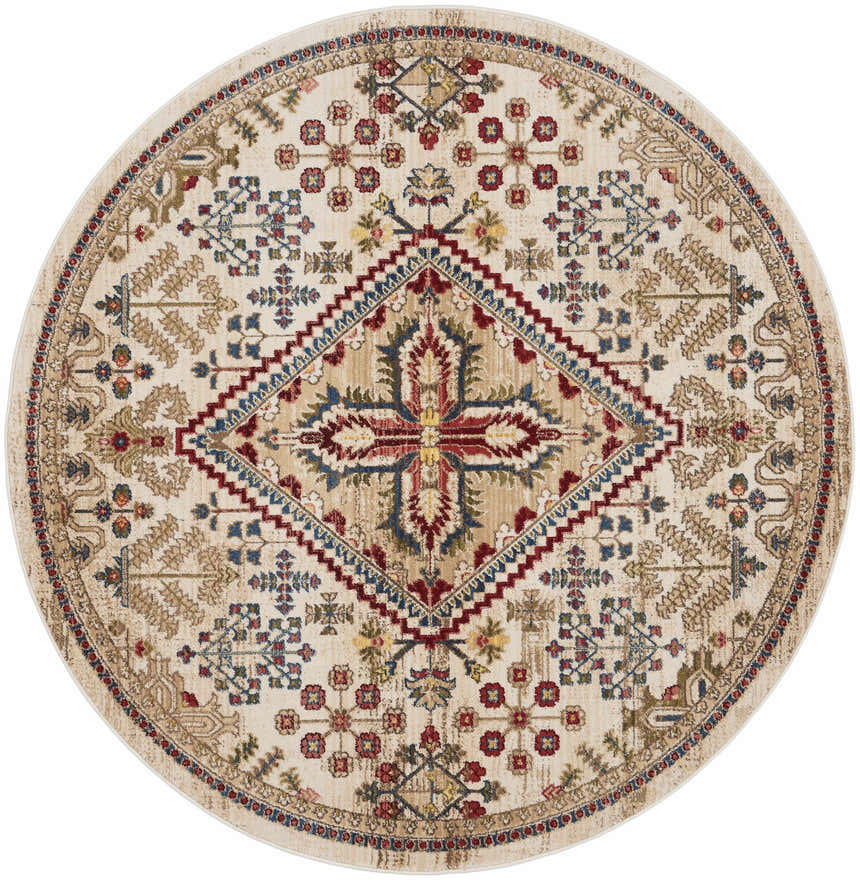 Round Nourison Karisma Ivory Area Rug. Farmhouse style with chestnut, red, and blue floral and geometric patterns.