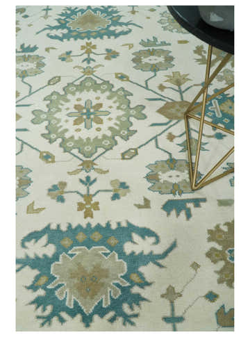 Hand Knotted Ivory, Beige and Teal Antique look Traditional Oushak Multi Size Wool Area Rug