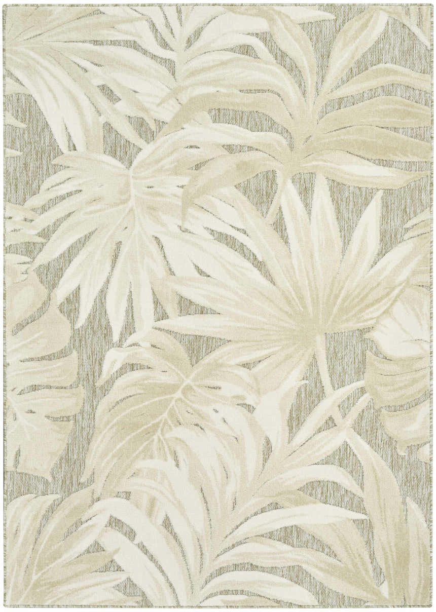 Close-up of Nourison Aloha Ivory Sage rug featuring a tropical leaf pattern in ivory, sage, and chestnut hues.