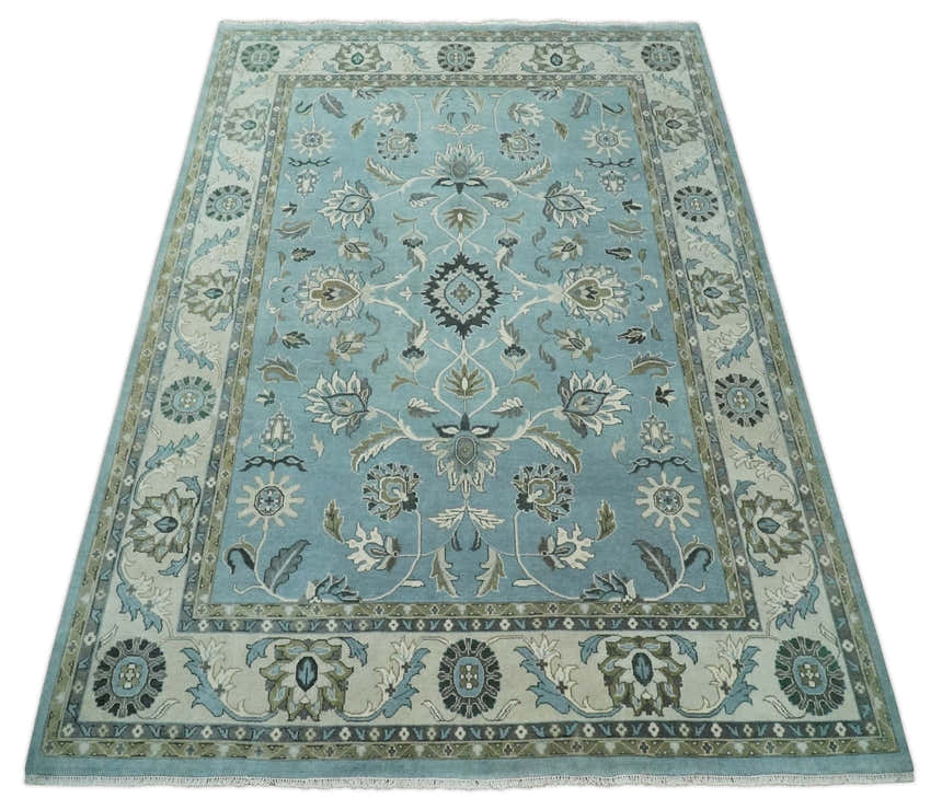 10x14 Antique Hand Knotted Blue and Ivory Traditional Vintage Persian Oushak Wool Rug | TRDCP10141014