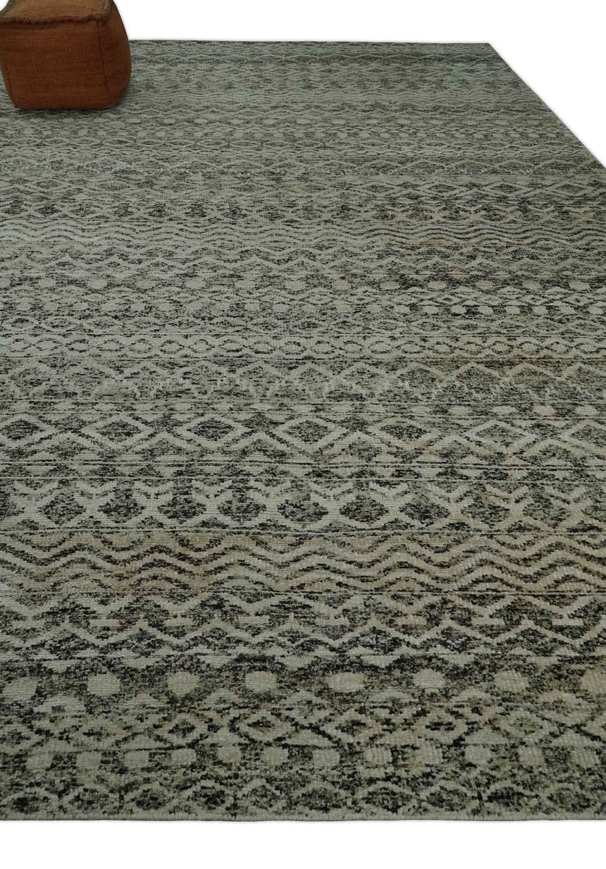 10x14 Hand Knotted Ivory, Black and Olive Modern Contemporary Southwestern Tribal Trellis Recycled Silk Area Rug | OP50