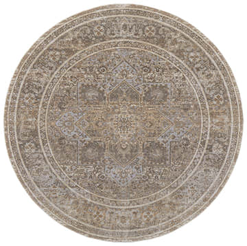 Close-up of round Feizy Celene rug in tan, brown, and ivory. Traditional medallion pattern with vintage style. Design-Round