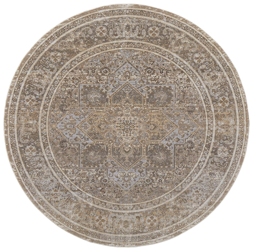 Close-up of round Feizy Celene rug in tan, brown, and ivory. Traditional medallion pattern with vintage style. Design-Round