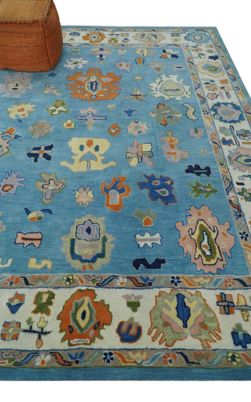 Hand Tufted Blue and Ivory Multi Size Modern Colorful Oushak Rug, Kids, Living Room and Bedroom Rug
