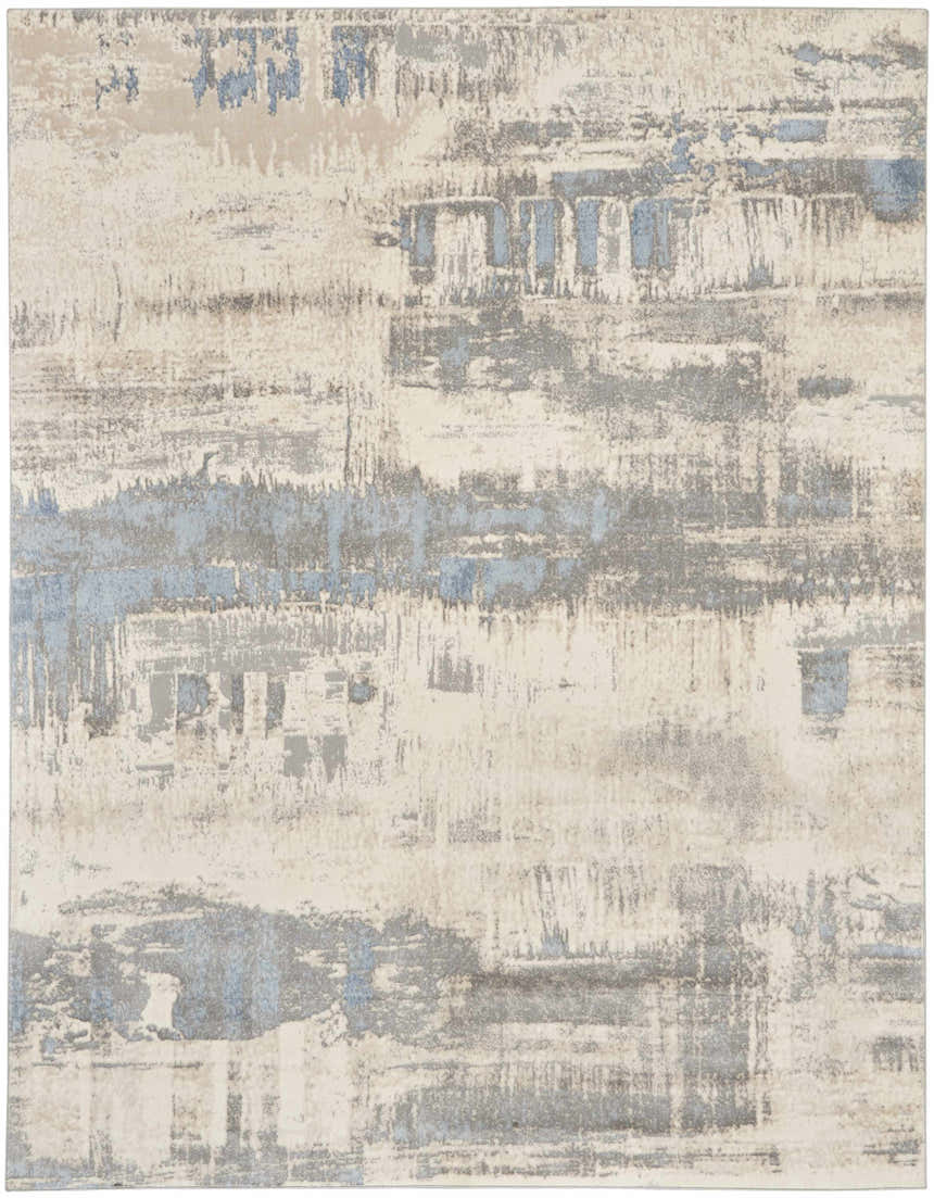 Close-up of the Nourison Solace Ivory Grey Blue rug, featuring a modern abstract design and high pile texture.
