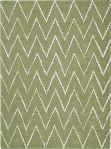 Close-up of the Nourison Vita Kiwi Rug. Light green rug with a white chevron pattern. Handmade polyester rug.