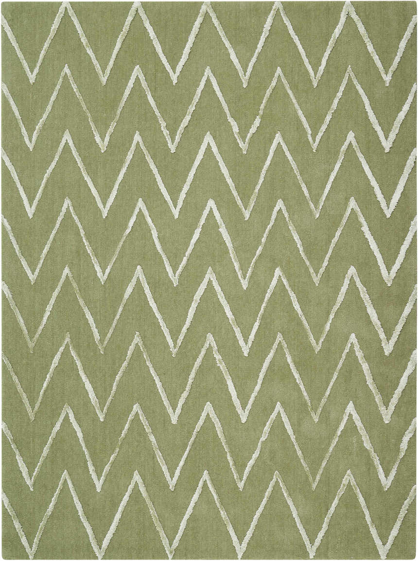 Close-up of the Nourison Vita Kiwi Rug. Light green rug with a white chevron pattern. Handmade polyester rug.