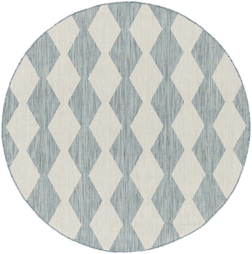 Close-up of a round Nourison Positano Aqua Modern Area Rug with a diamond pattern in aqua and off-white.