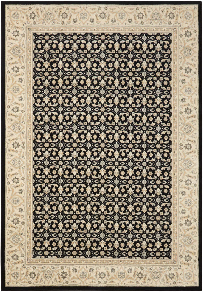 Close-up of the Nourison Persian Empire Black Persian rug, showcasing its floral pattern and ivory border.