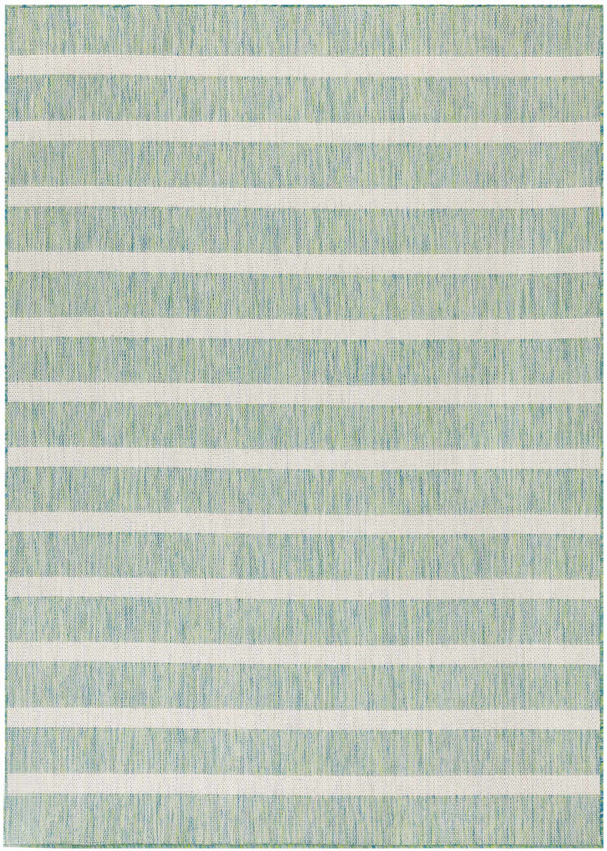 Close-up of the Nourison Positano Blue Green Ivory rug, featuring a modern striped pattern and woven texture.