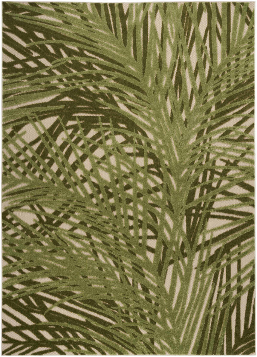 Close-up of Nourison Aloha Ivory Green Outdoor Area Rug featuring a tropical palm leaf pattern.