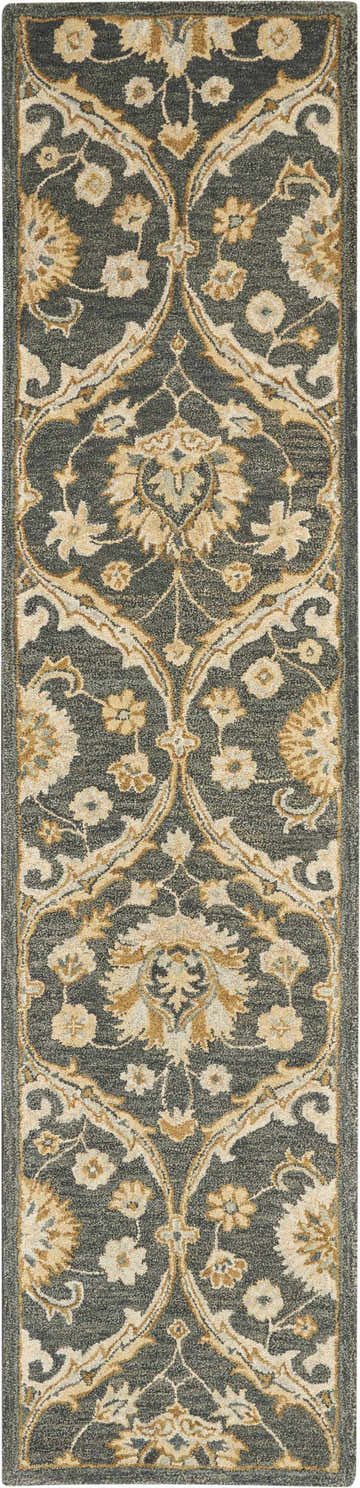 Close-up of the Nourison Jazmine Navy Persian rug with floral pattern in navy, beige, and gold tones. Handmade wool runner.