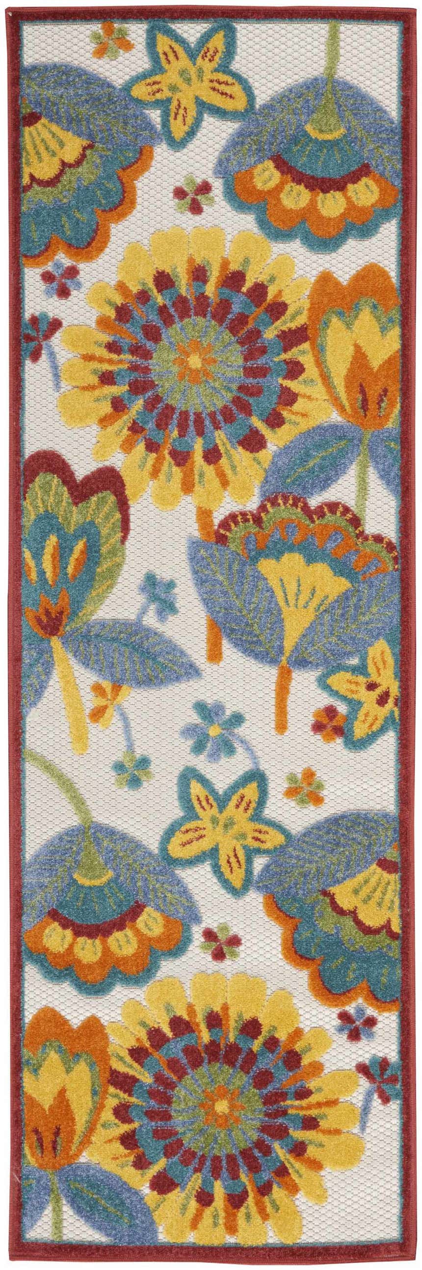 Close-up of Nourison Aloha Multicolor rug. Floral pattern in yellow, blue, orange, and red on a cream background.
