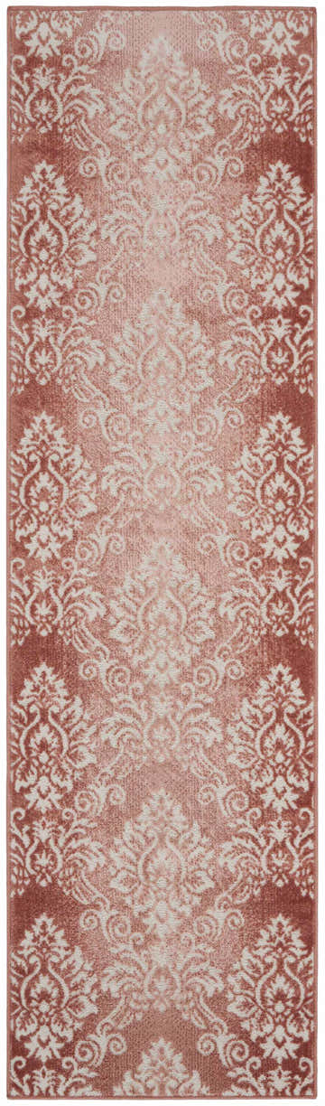 Close-up of Nourison Elation Brick Ivory Vintage Indoor Area Rug with chestnut and ivory floral damask pattern.