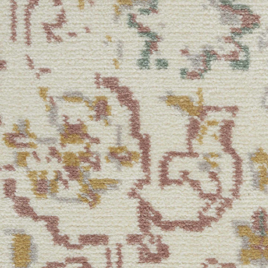 Close-up of Nourison Twilight Ivory Multicolor rug showing chestnut, gold, green, and gray transitional pattern and wool texture.