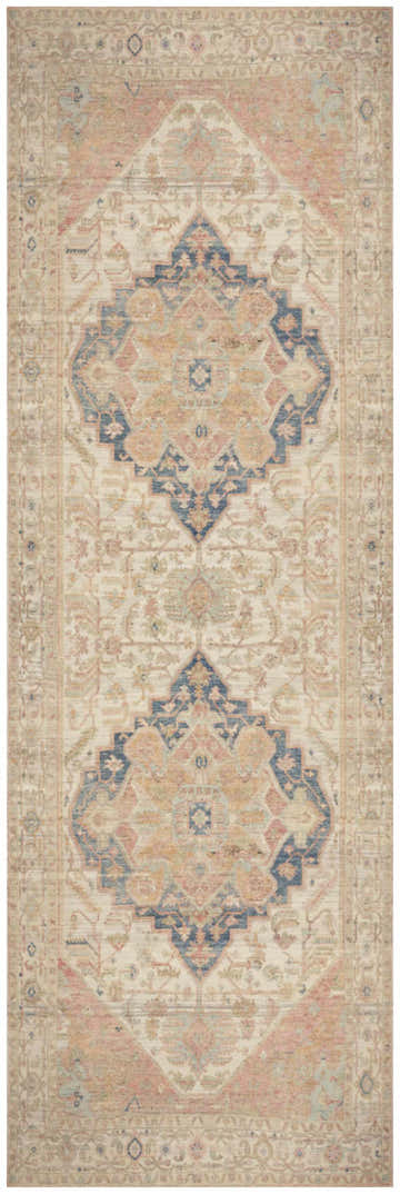 Close-up of Nourison Vintage Multicolor Washable Area Rug. Vintage style with blue, gold, and peach tones. Runner shape.