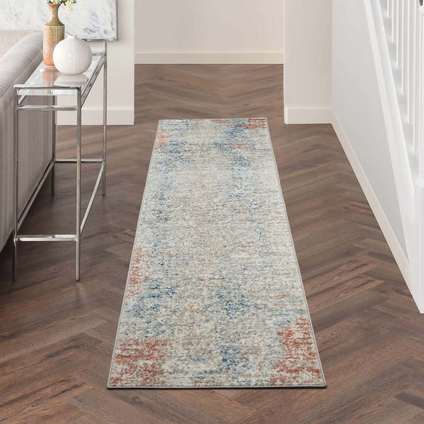 Hallway with Nourison Quarry Ivory Multicolor rug runner on wood floor. Contemporary style.
