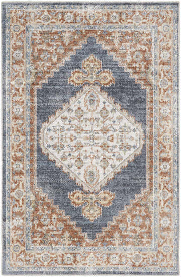 Close up of the Nourison Astra Denim Multicolor vintage area rug, showing the intricate pattern and color variations.