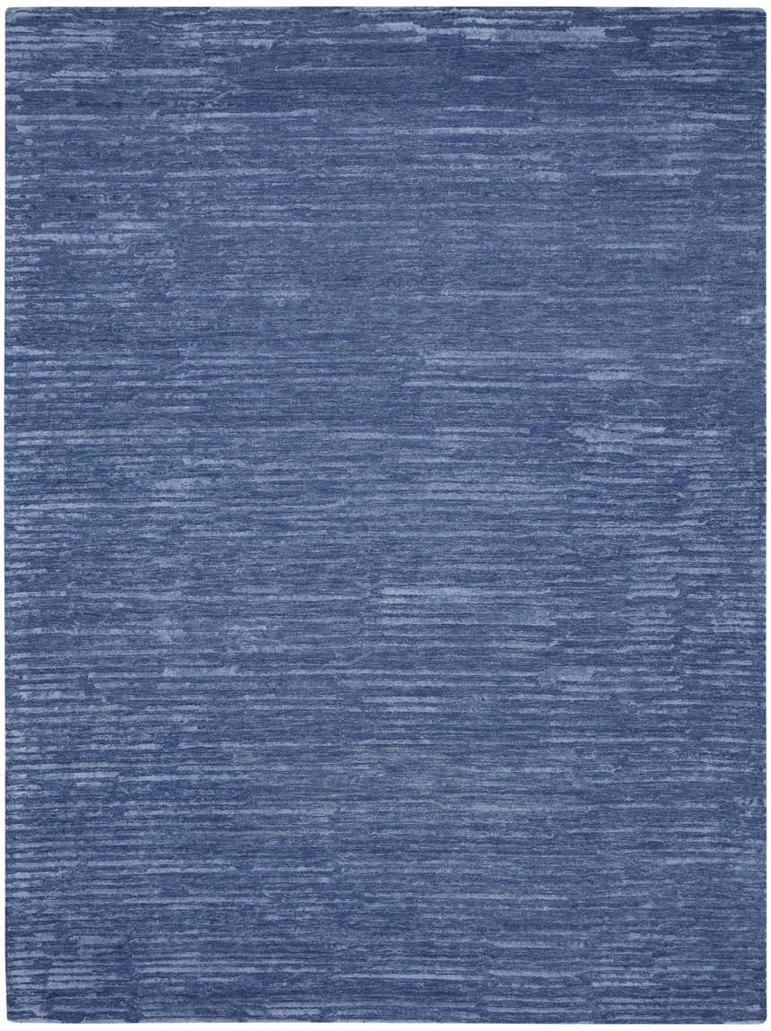 Close-up of the Calvin Klein CK010 Linear Blue rug. Modern design with light blue horizontal lines and wool texture.