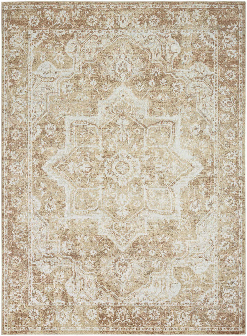 Close-up of Nourison Astra Rust Vintage rug. Machine-made with a distressed, ornate, medallion pattern in rust and beige.
