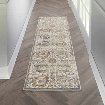 Hallway scene with Nourison Melody Ivory Multicolor Bohemian runner rug on wood floor.