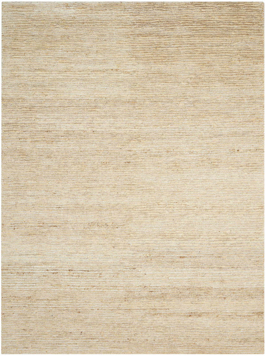 Close-up of the Calvin Klein Mesa Gypsum rug. Neutral color, woven texture, modern style.