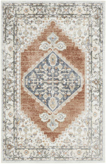 Close-up of Nourison Astra Machine Made Grey Multicolor Vintage Area Rug with a central diamond and floral border.
