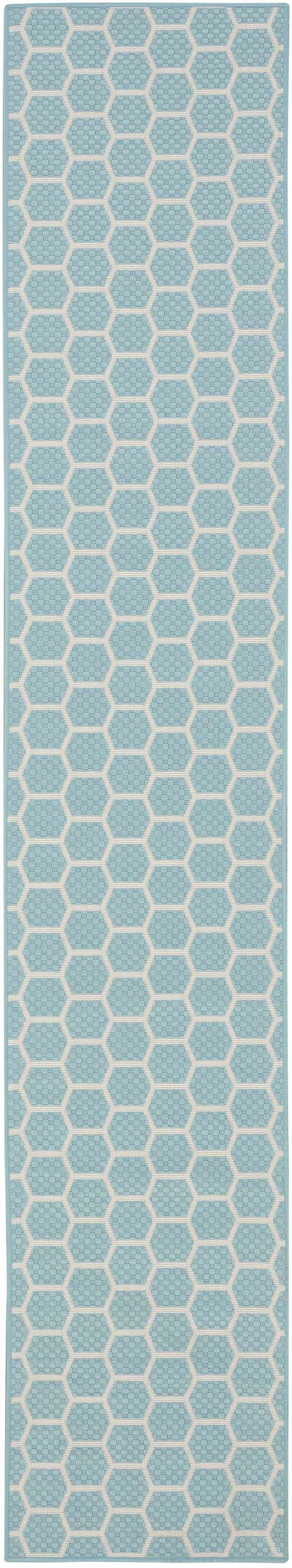 Close-up of the Nourison Twist Reversible Aqua Modern Area Rug, featuring a geometric honeycomb pattern in aqua and white.
