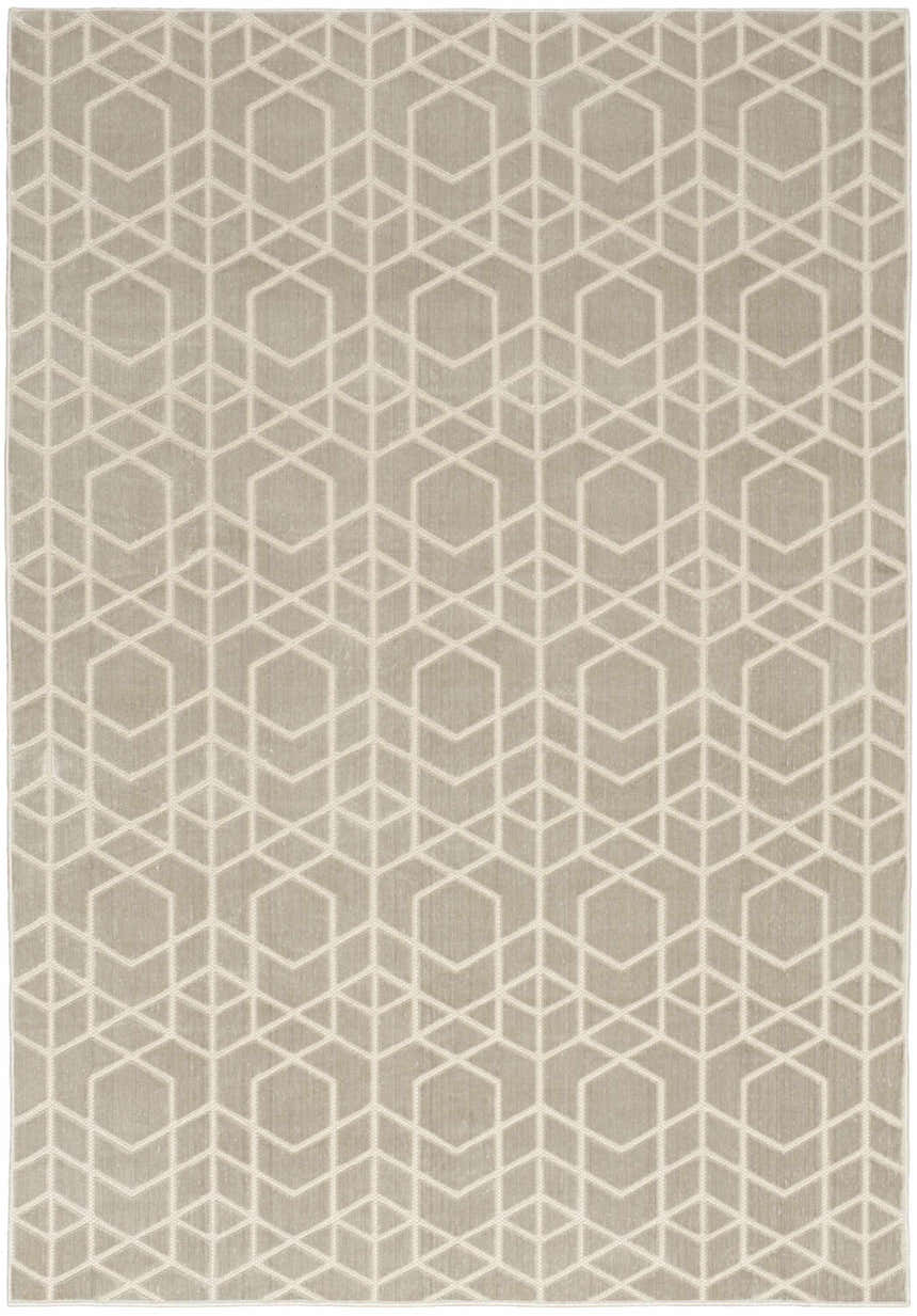 Close-up of the Nourison Charm Silver Ivory Rug, featuring a geometric cube and hexagon pattern in neutral tones.