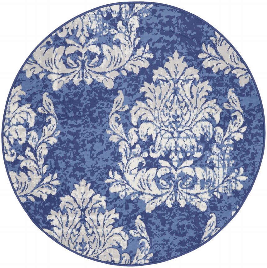 Round Nourison Whimsicle navy and ivory rug. Farmhouse style rug with a floral damask pattern. Clearance.