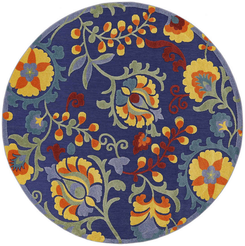 Close-up of round Nourison Aloha Navy Multicolor rug featuring a floral pattern in yellow, orange, green, and red.