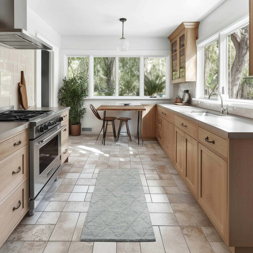 Light blue Nourison Wool Haven rug in a bright, modern kitchen with wood cabinets and table near a window.