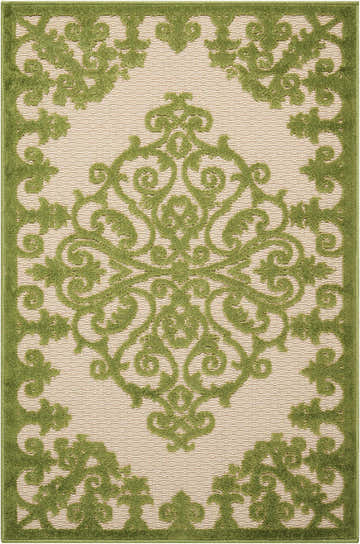 Close-up of the Nourison Aloha Green Outdoor Area Rug, featuring a detailed floral pattern on a beige background.