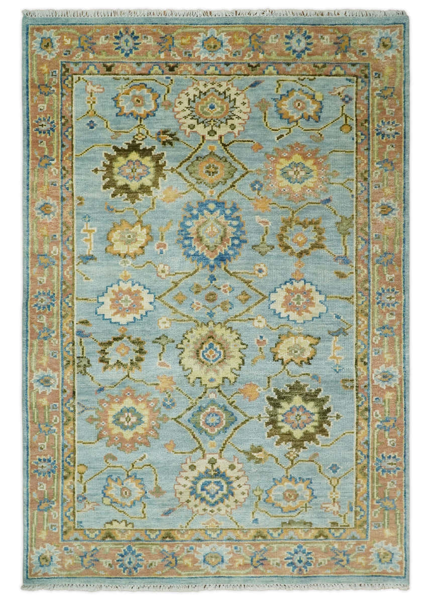 Ready to Ship Hand Knotted Blue and Rust Modern Oushak Area Rug
